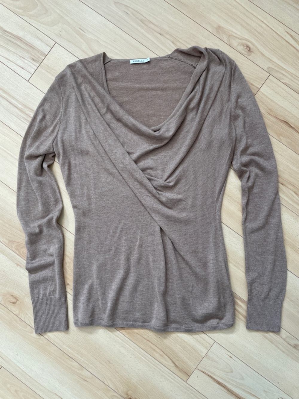 MARELLA Women’s Sz M Brown Knit Top with Draped Neckline